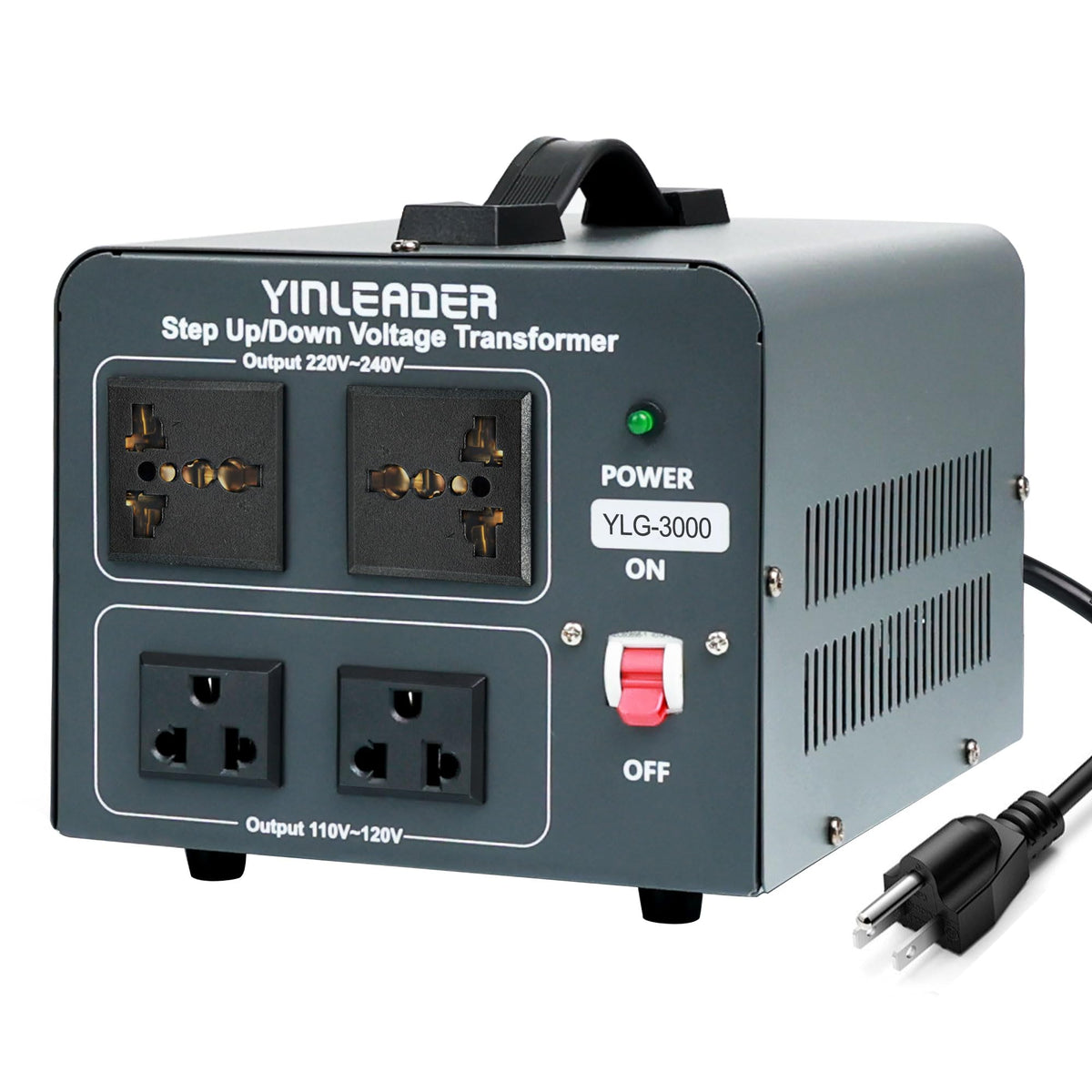 Yinleader voltage converter front view with four outlets for versatile travel power.