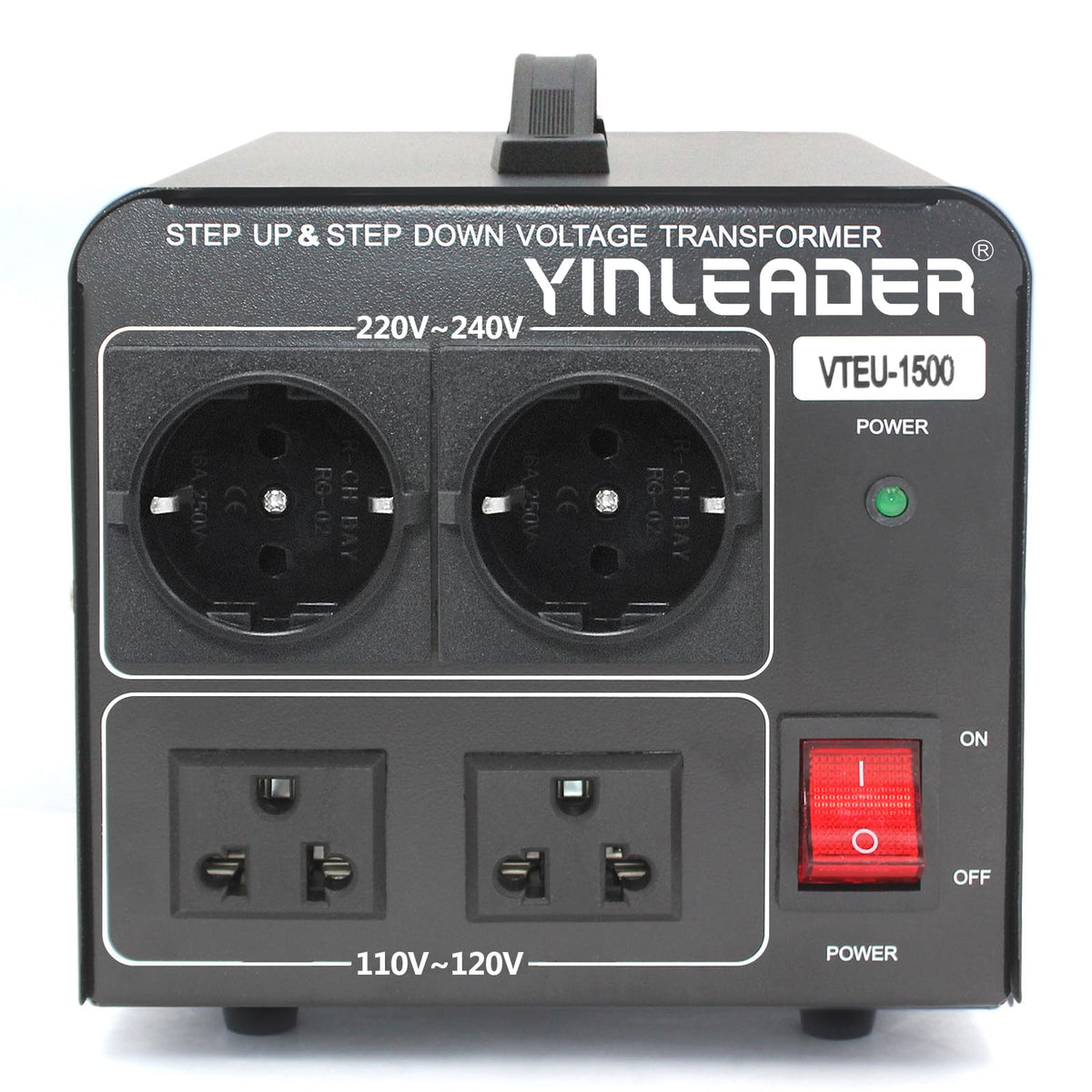 Yinleader voltage converter front view with dual outlets for global use
