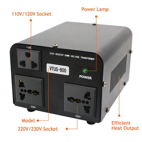 Yinleader VTUS-800 circuit breaker close-up with reset button, built-in overload protection