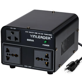 Yinleader VTUS-800 front panel showing sockets and indicator, reliable voltage conversion