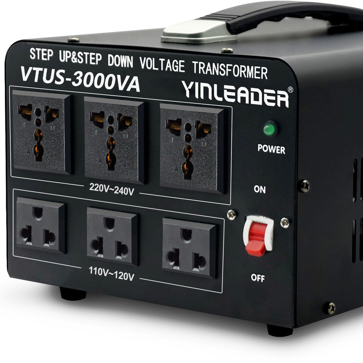 Yinleader VTUS-3000-6S front view shows compact voltage transformer for 110V-220V use