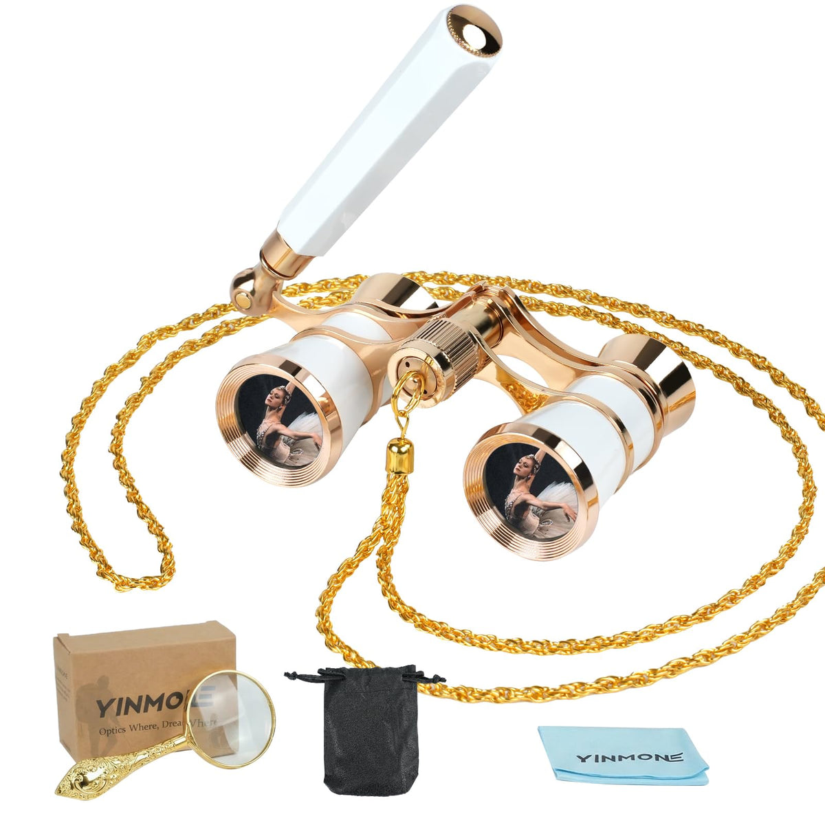 YINMONE front view showing white opera glasses and elegant finish for clear stage viewing
