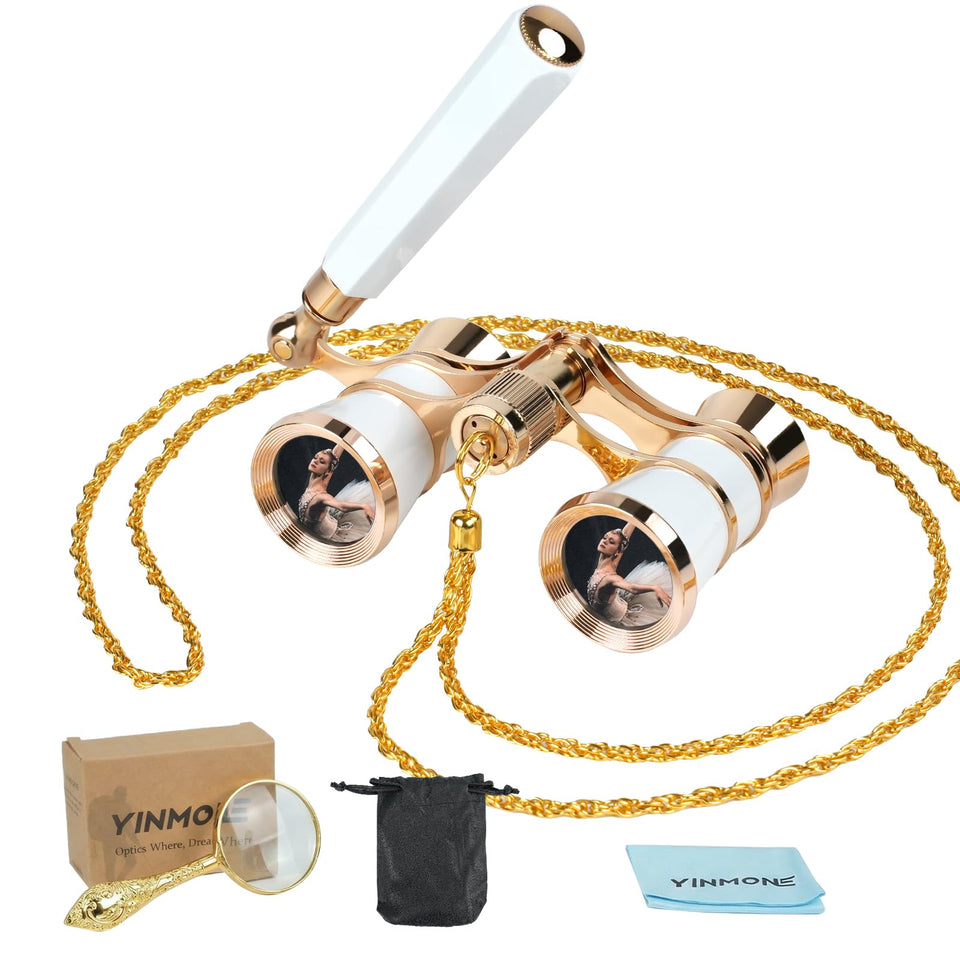 YINMONE front view showing white opera glasses and elegant finish for clear stage viewing