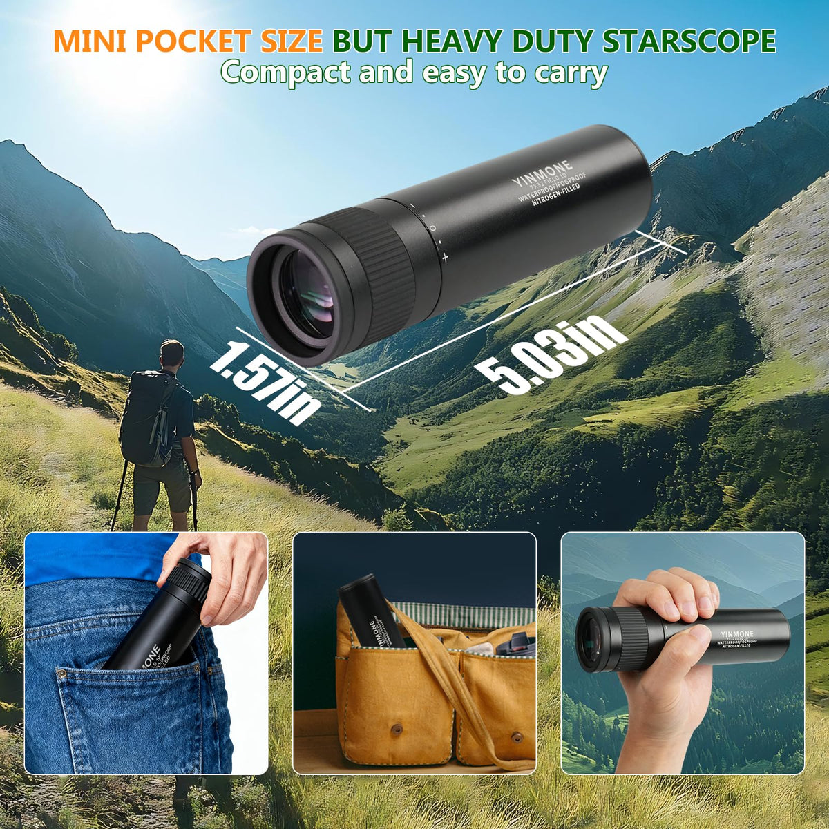 YINMONE monocular handheld on a hiking trail providing easy field use