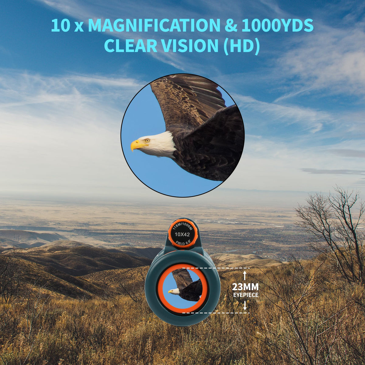 YINMONE monocular 10x42 lens close-up demonstrates coated optics for bright, clear images.