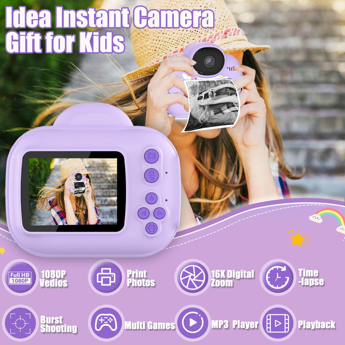 YINOCHE KC3 instant print function shows black-and-white photo printing for quick memories.
