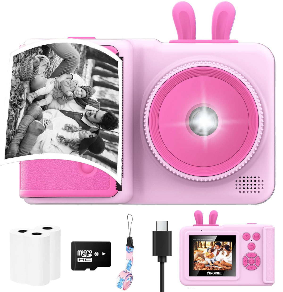 YINOCHE KC5 front view showing pink bunny camera and easy controls