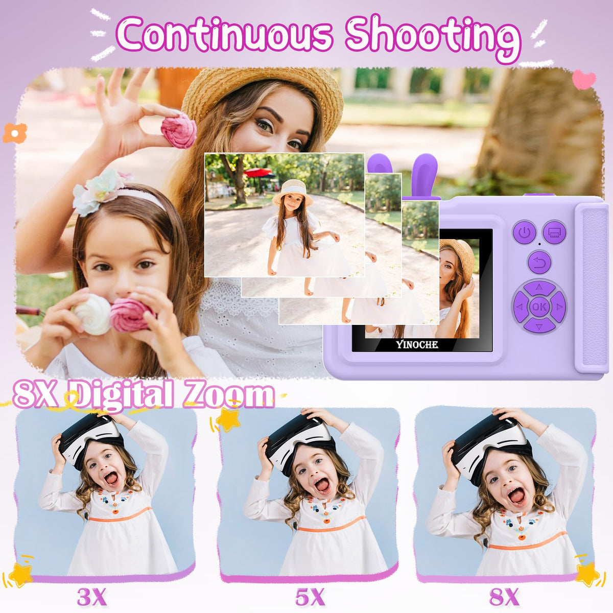 YINOCHE 2.4-inch IPS screen preview showing photo review and menu clarity