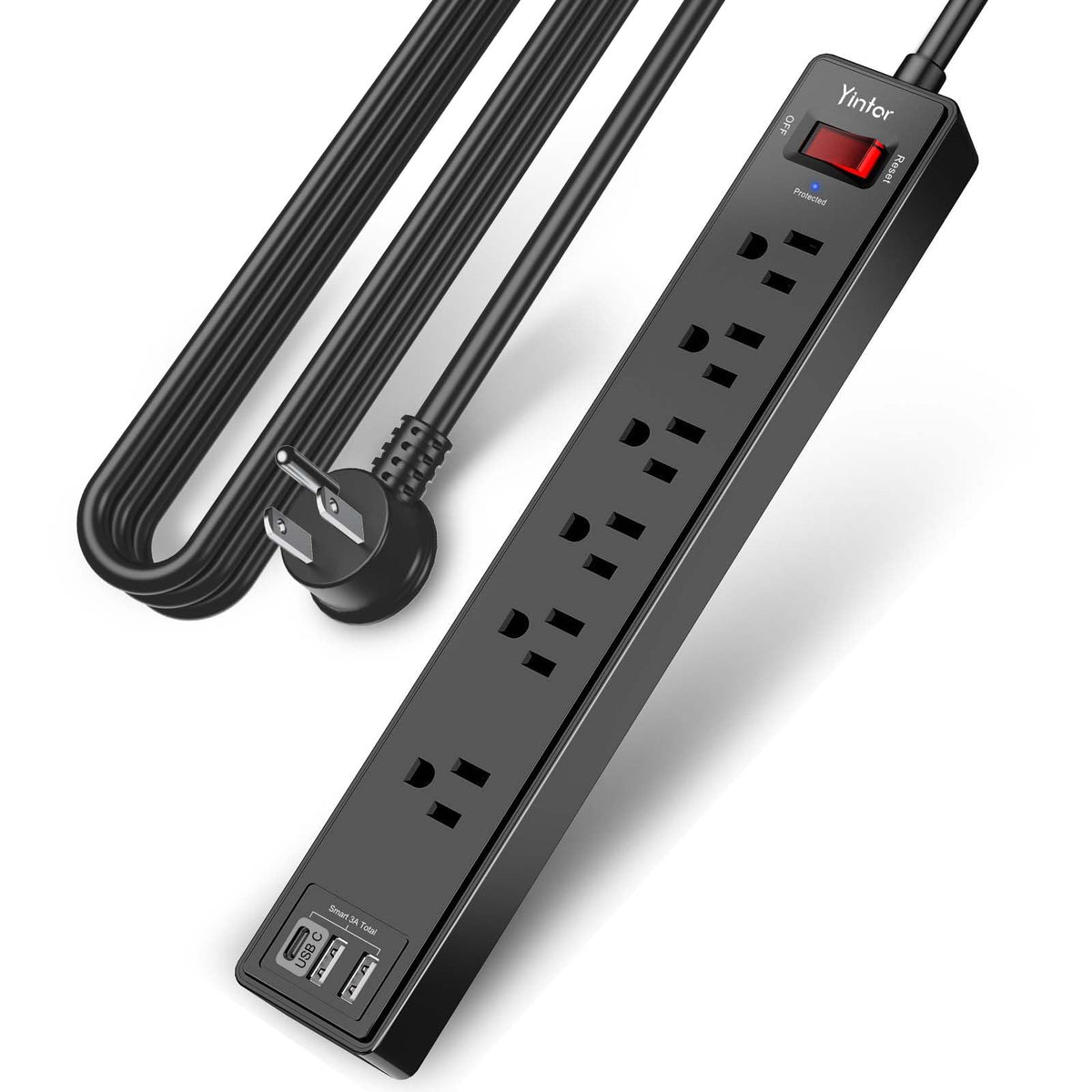 Yintar 10 ft power strip front view showing six outlets and USB ports for versatile desk setup.