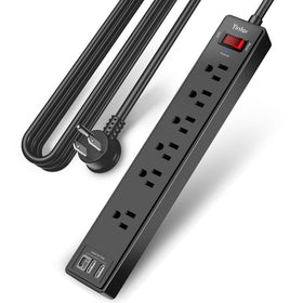 Yintar 10 ft power strip front view showing six outlets and USB ports for versatile desk setup.