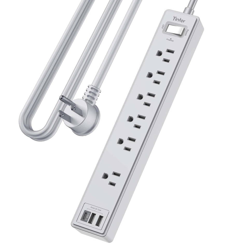 Yintar 10ft power strip with six outlets keeps desk organized and powered.