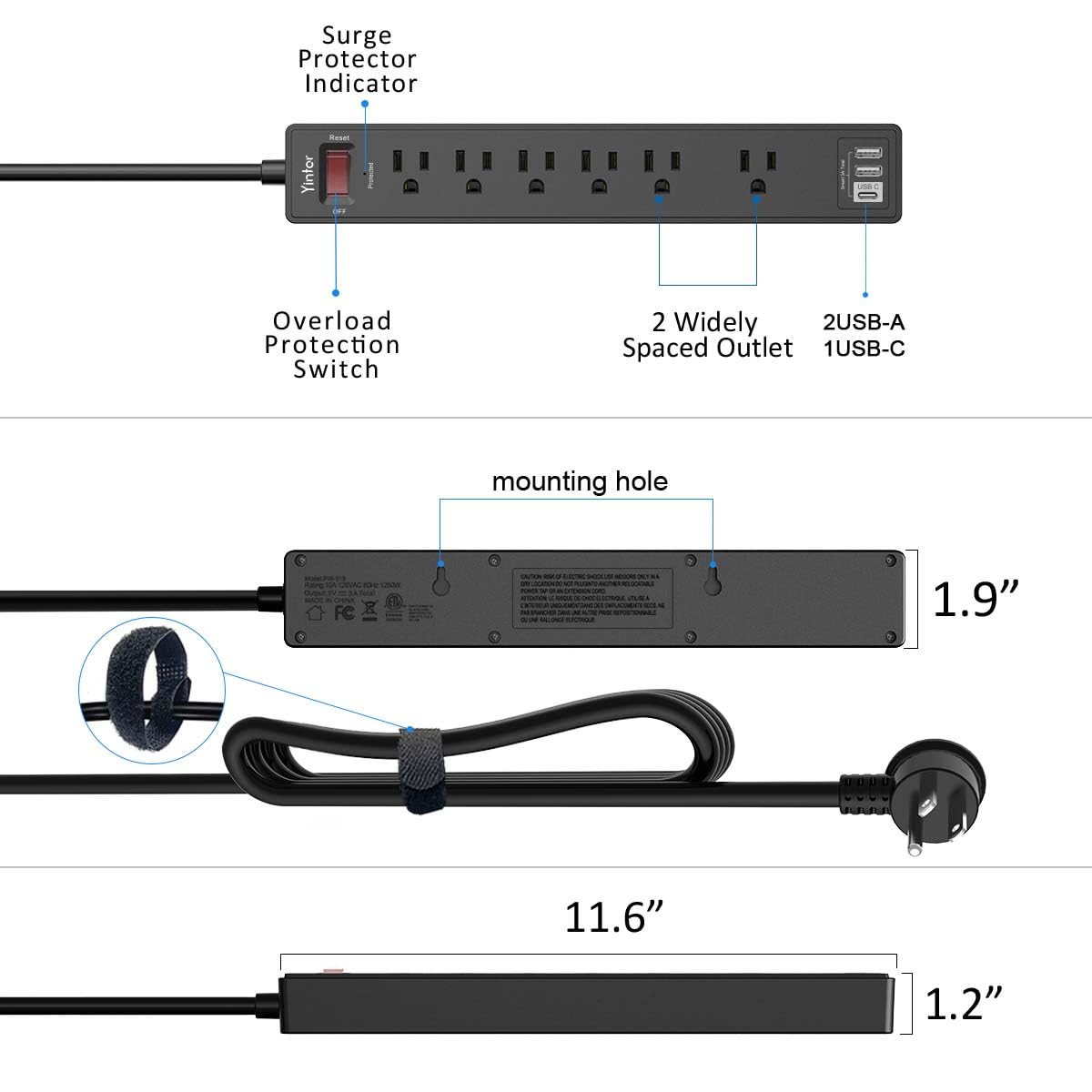 Yintar packaging, manual, and power strip shown together for quick setup.