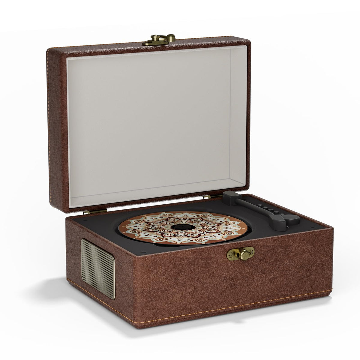 Yintiny brown leather portable CD player front view showing controls and vintage styling for elegant playback