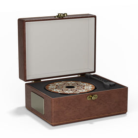 Yintiny brown leather portable CD player front view showing controls and vintage styling for elegant playback