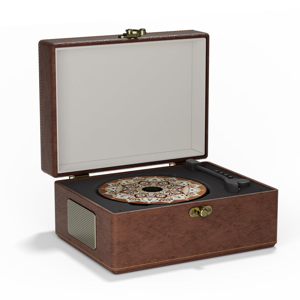Yintiny brown leather portable CD player front view showing controls and vintage styling for elegant playback