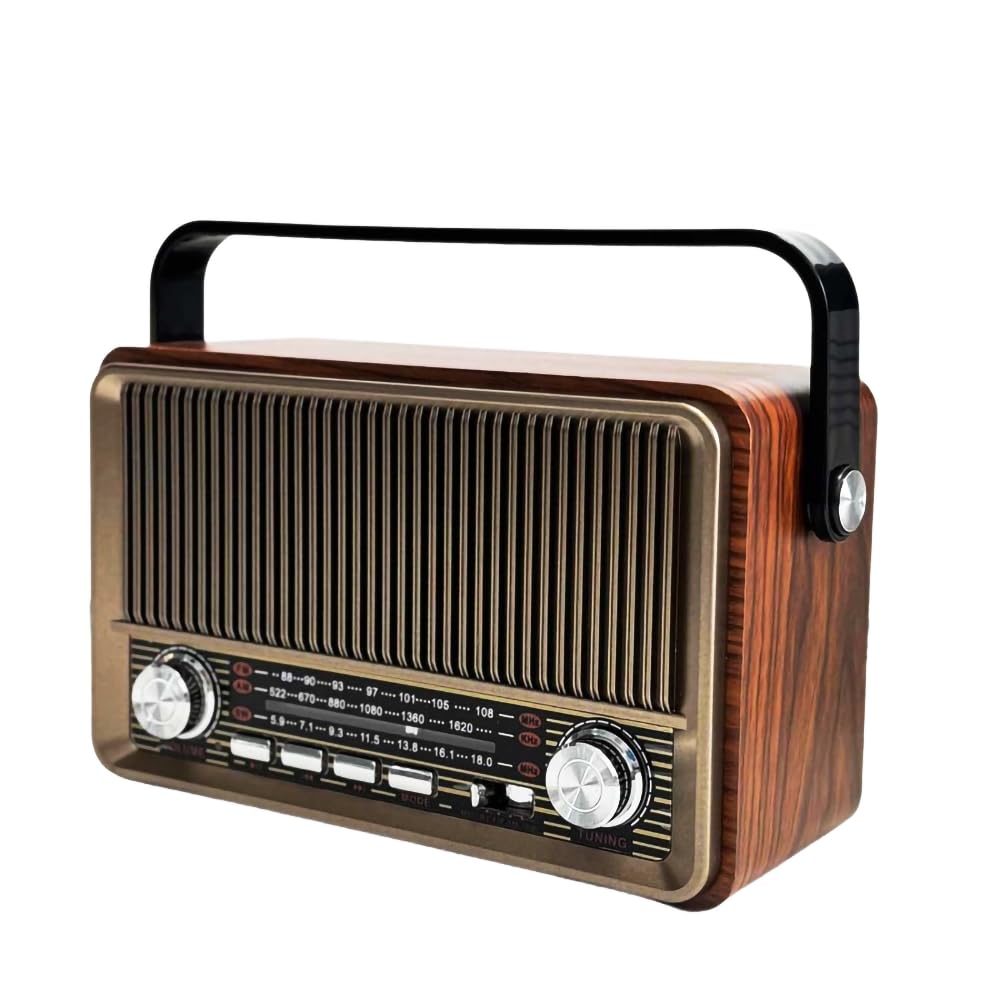 YIONGTAF front view showing vintage radio design and reliable AM/FM reception