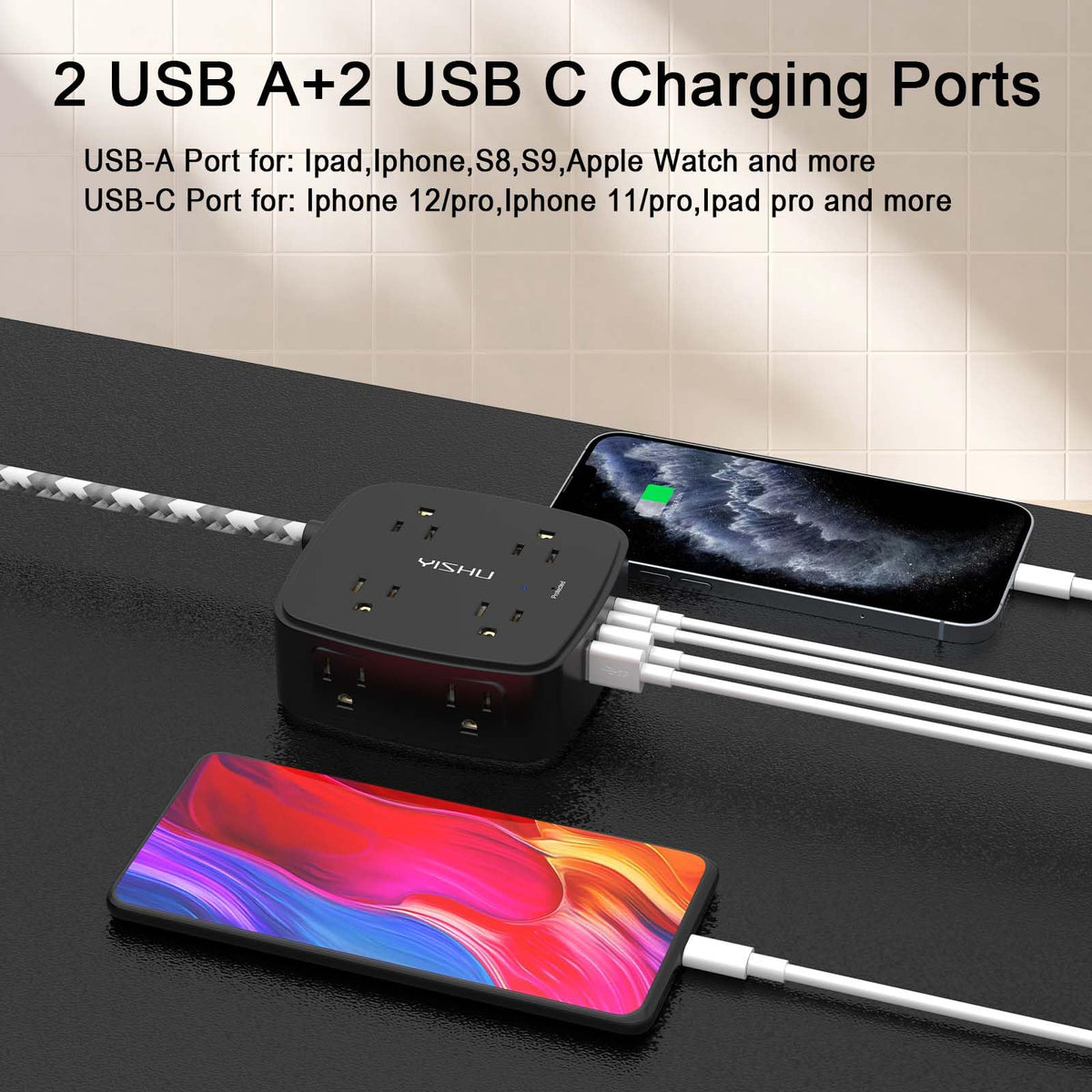 YISHU 10-foot braided cord enables flexible setup in living and office spaces.