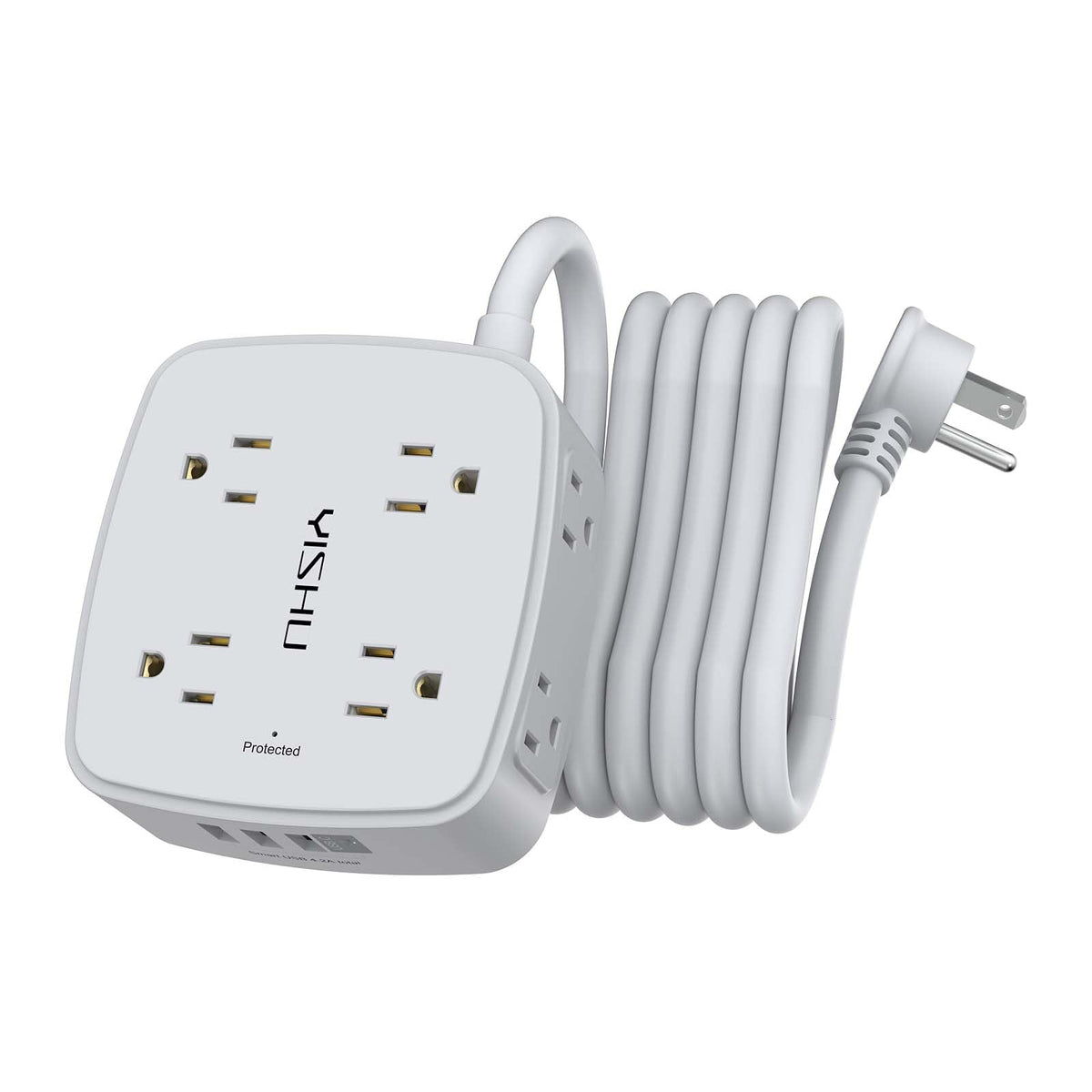 YISHU 10ft surge protector with 8 outlets and 4 USB ports for organized charging.