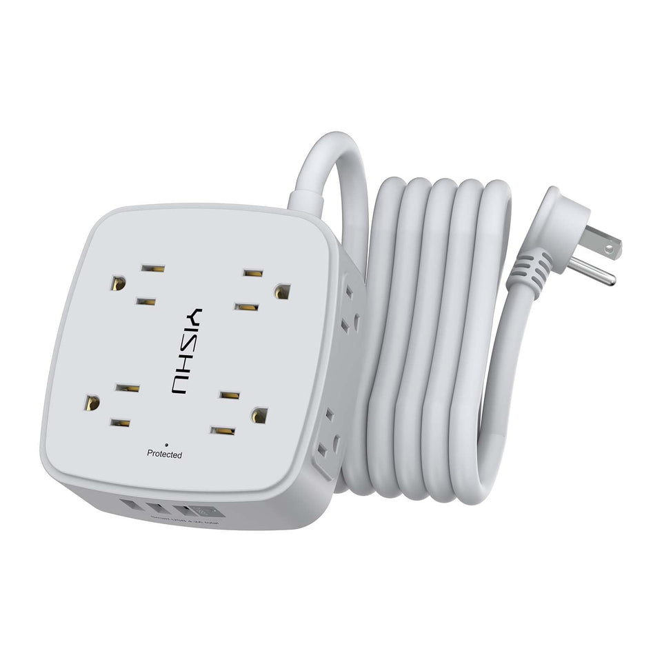 YISHU 10ft surge protector with 8 outlets and 4 USB ports for organized charging.