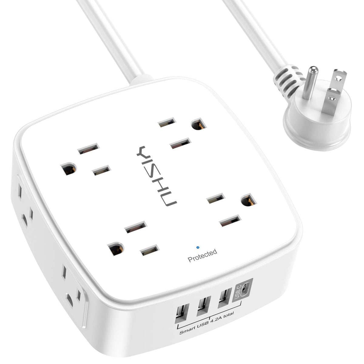 YISHU 10 ft surge protector front view with accessible outlets for multiple devices