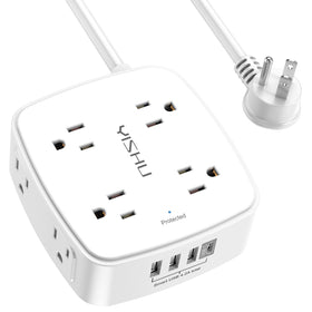 YISHU 10 ft surge protector front view with accessible outlets for multiple devices