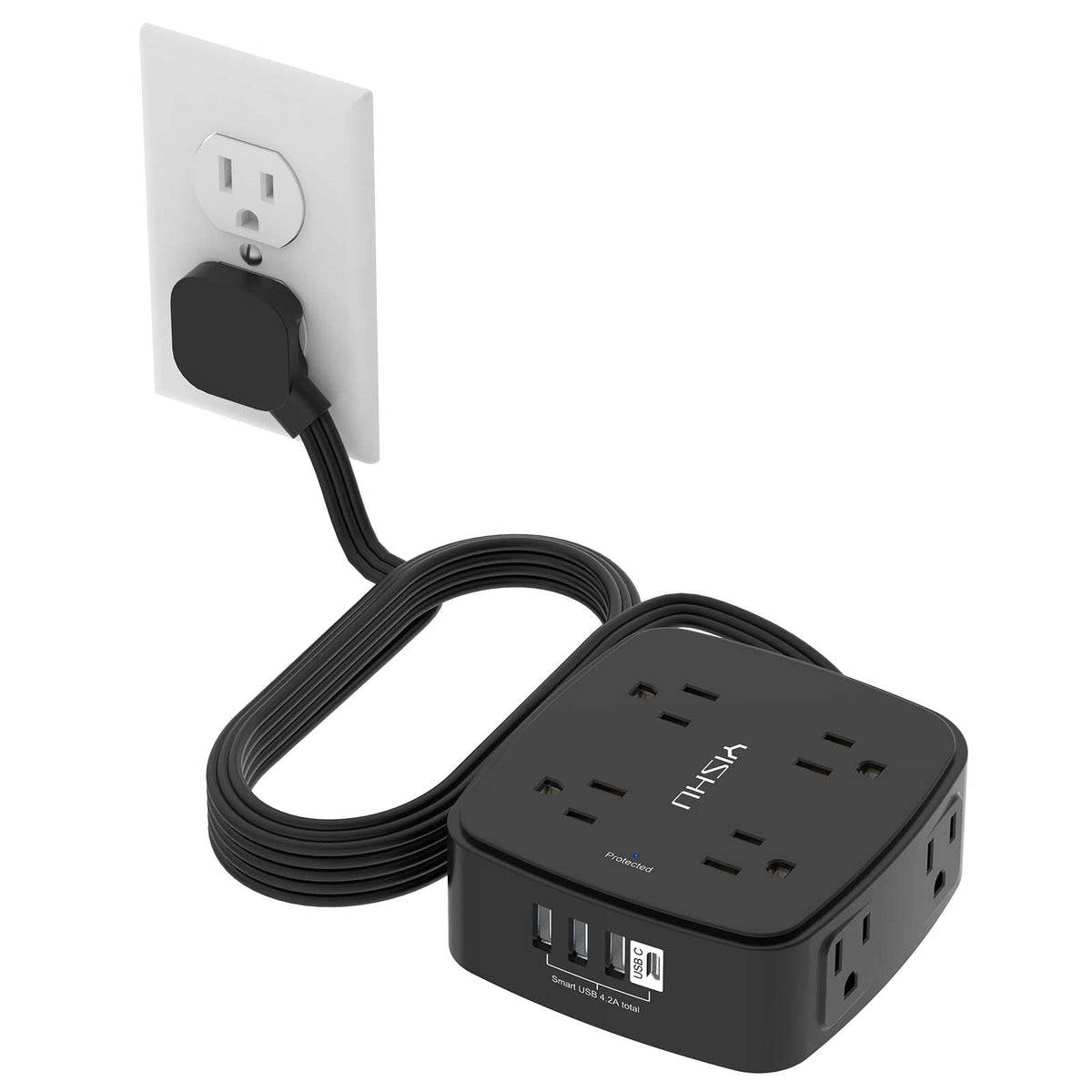 YISHU 10ft surge protector with USB ports on a desk setup for multiple device charging