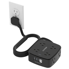YISHU 10ft surge protector with USB ports on a desk setup for multiple device charging