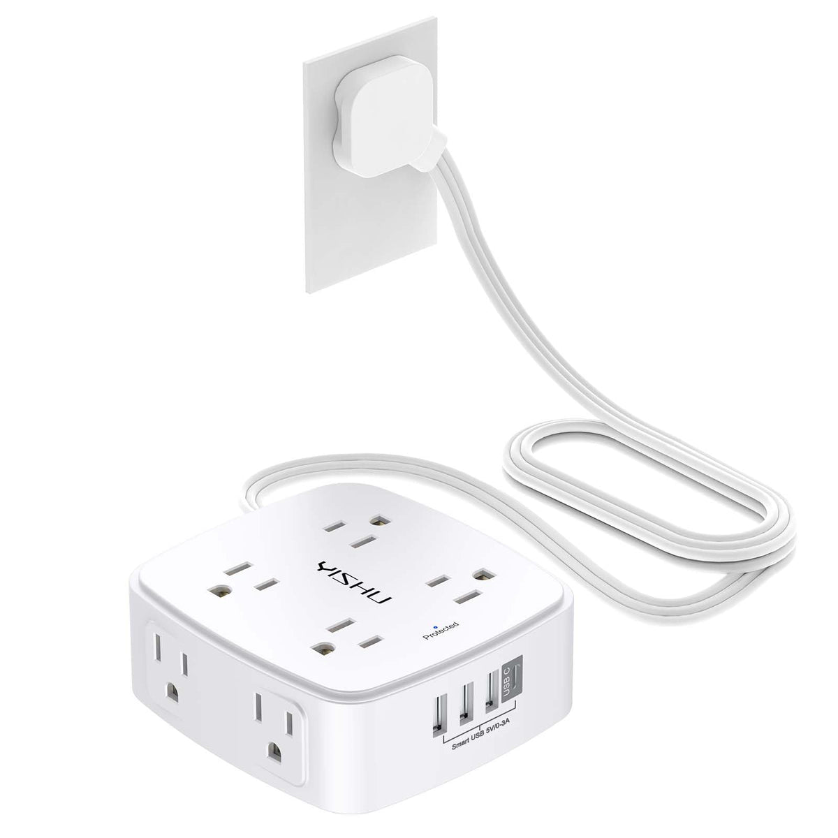 YISHU 6ft surge protector front view with eight outlets for organized power