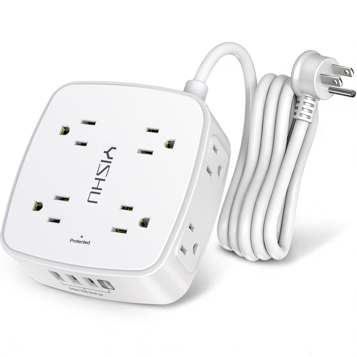 YISHU 6ft surge protector front view with 8 outlets for devices.