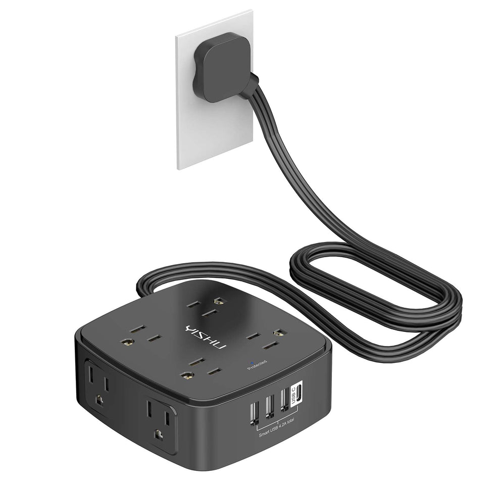 YISHU 6 ft surge protector front view with multiple outlets for organized device charging