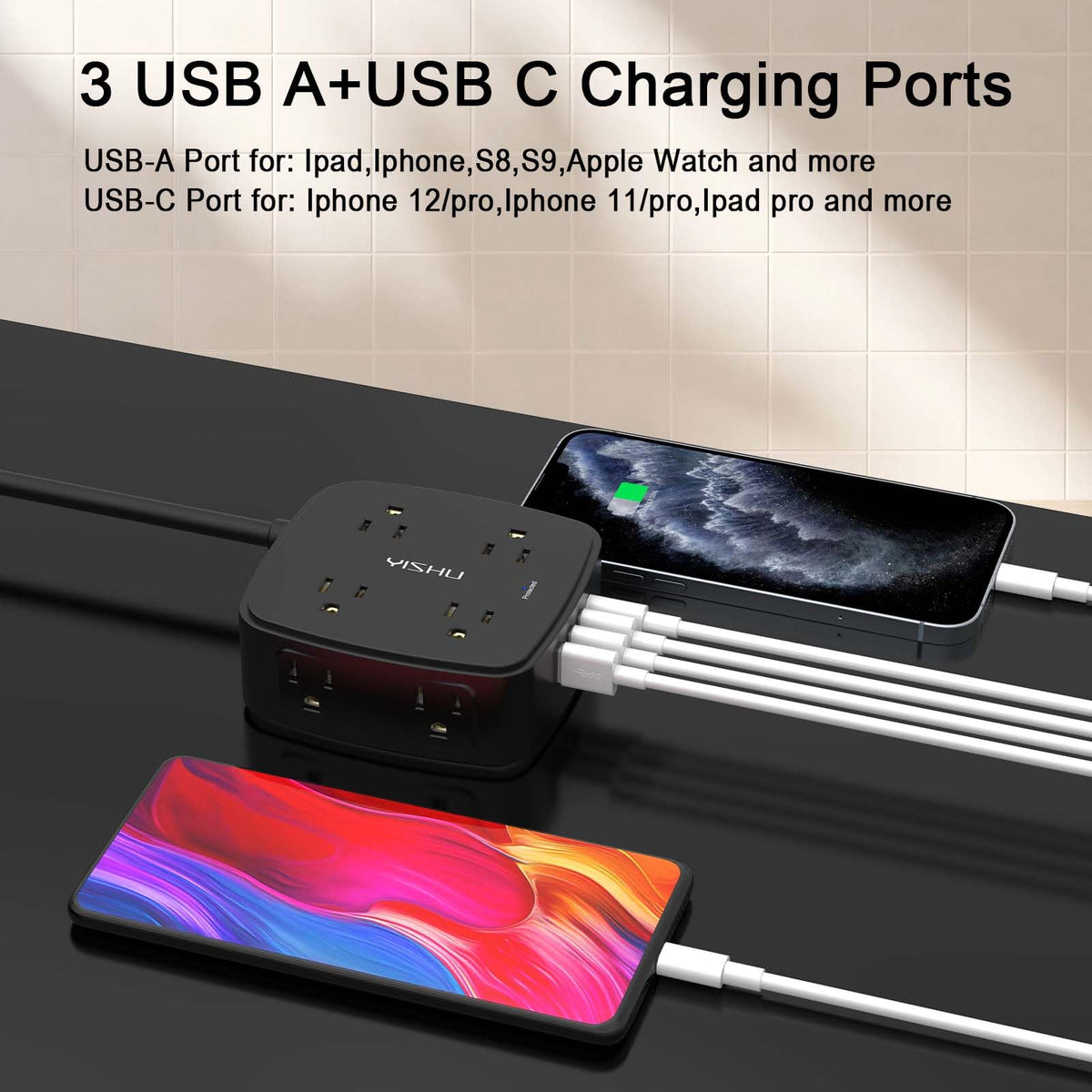 YISHU eight AC outlets and four USB ports support multi-device setups.