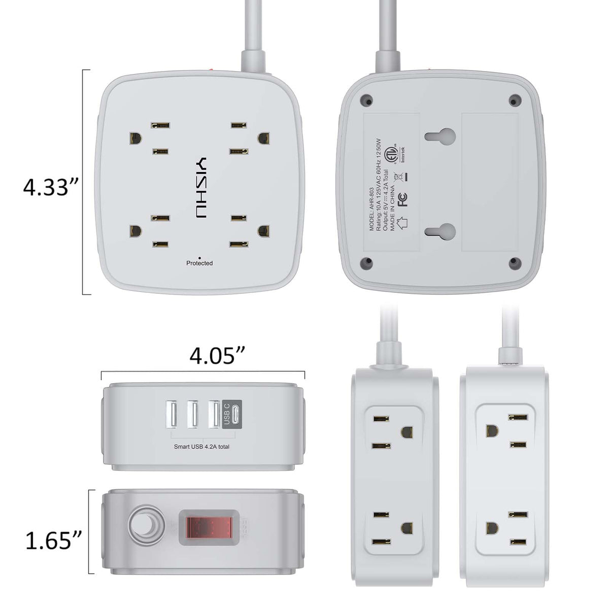 YISHU ETL-certified power strip shown with packaging and warranty notes.