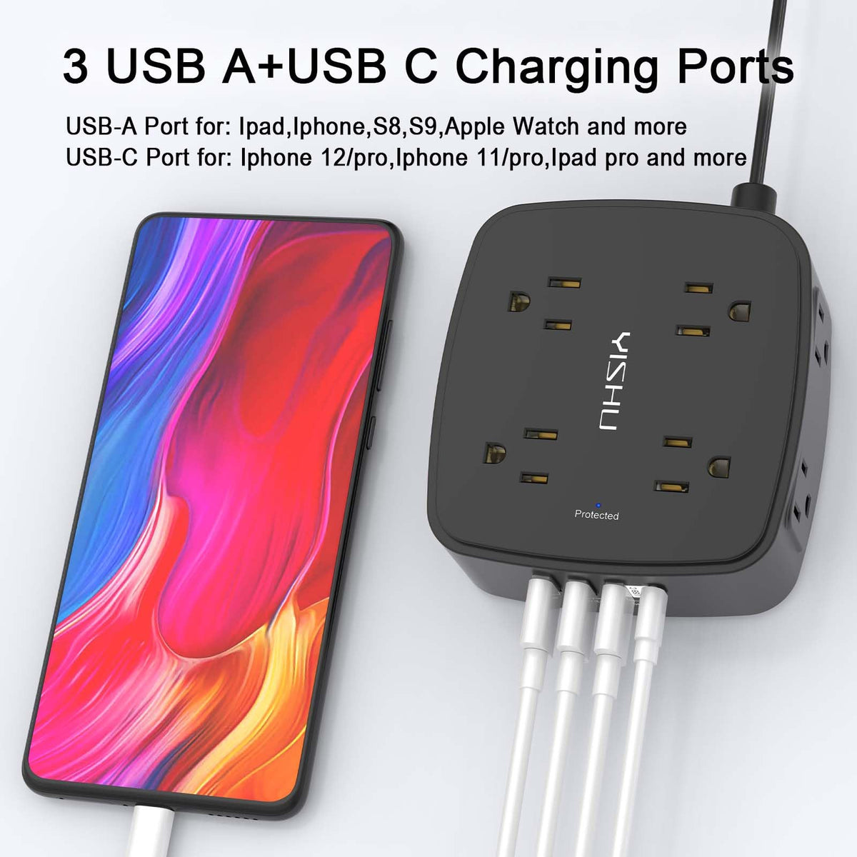 YISHU flat plug 10ft cord hugs the wall for space-saving placement