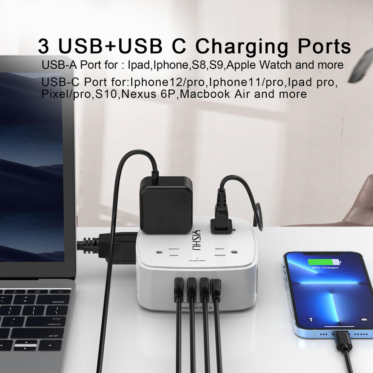 YISHU flat plug and 6ft cord fit tight spaces.