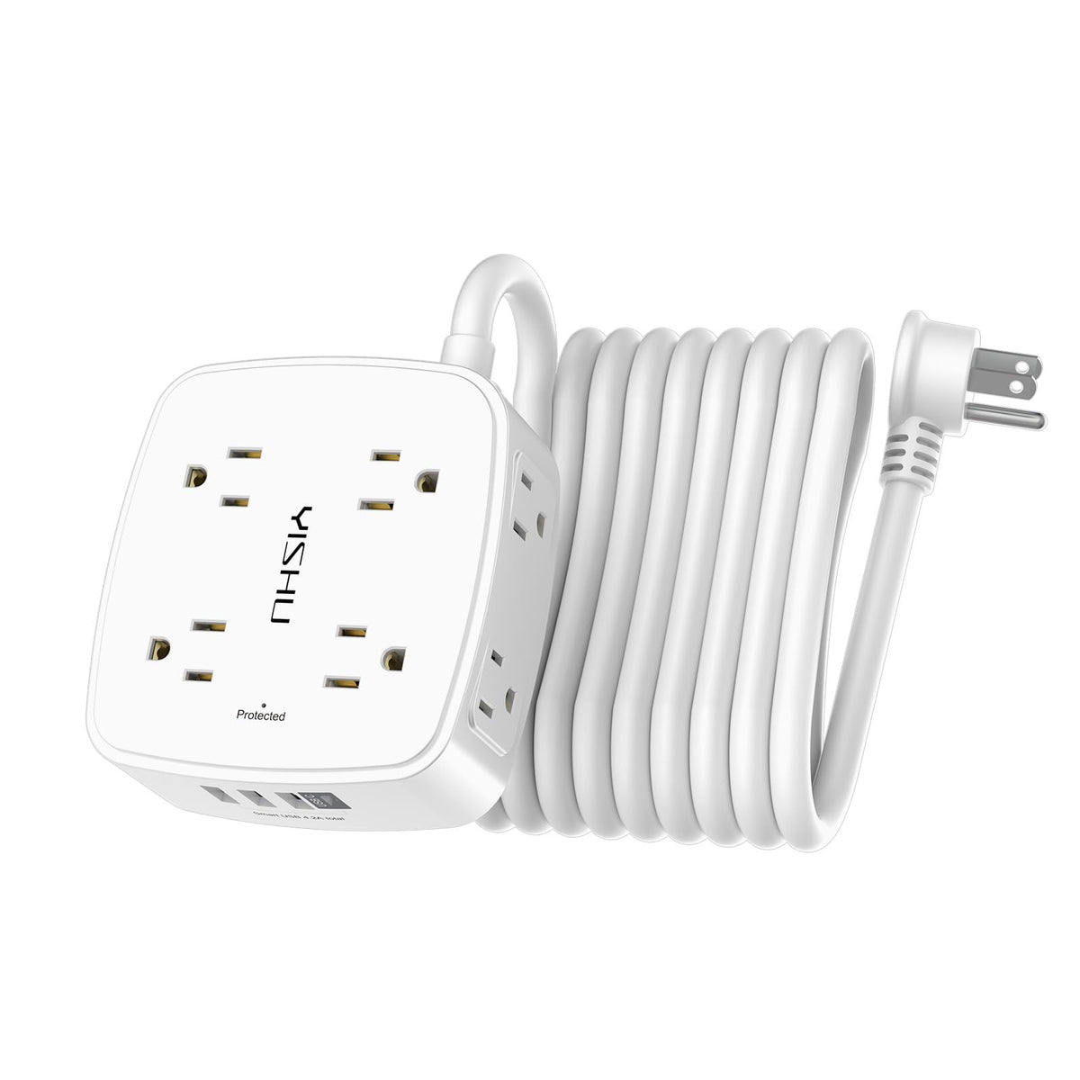 YISHU front view showing 8 outlets and 4 USB ports for organized charging