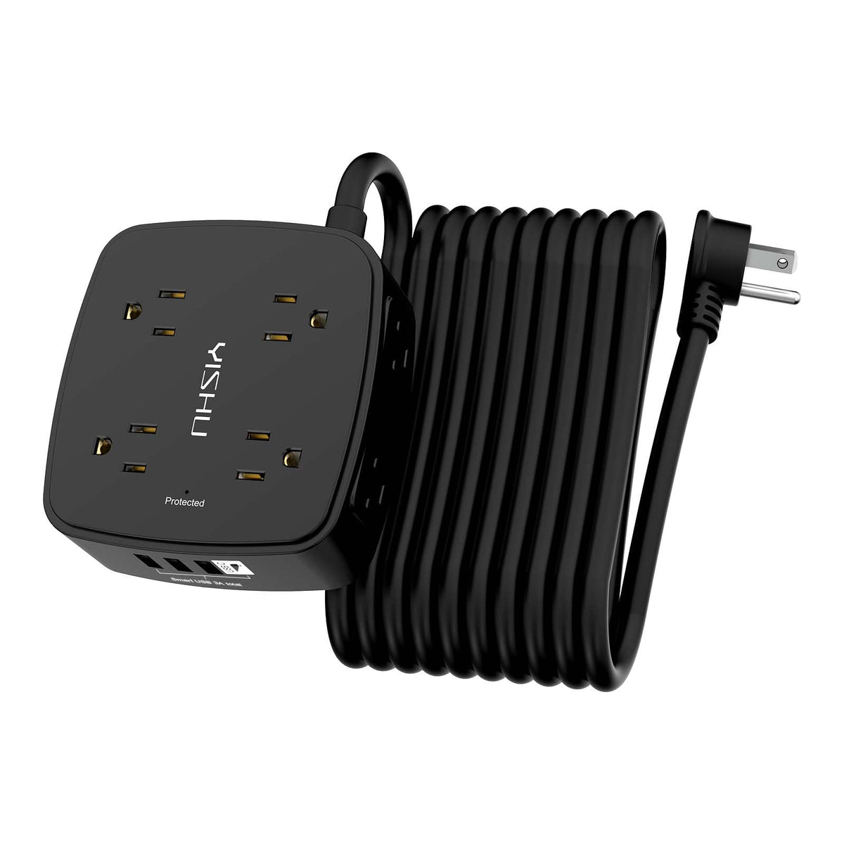 YISHU front view power strip showing eight outlets and four USB ports for organized charging