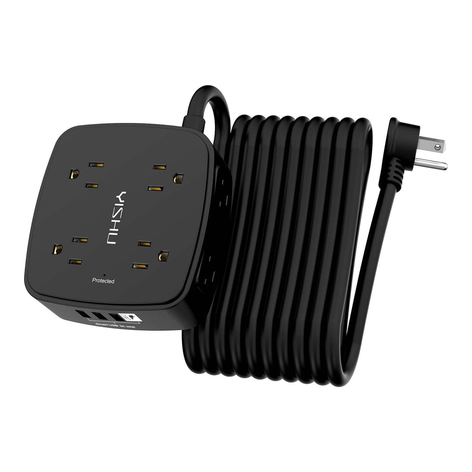 YISHU front view power strip showing eight outlets and four USB ports for organized charging