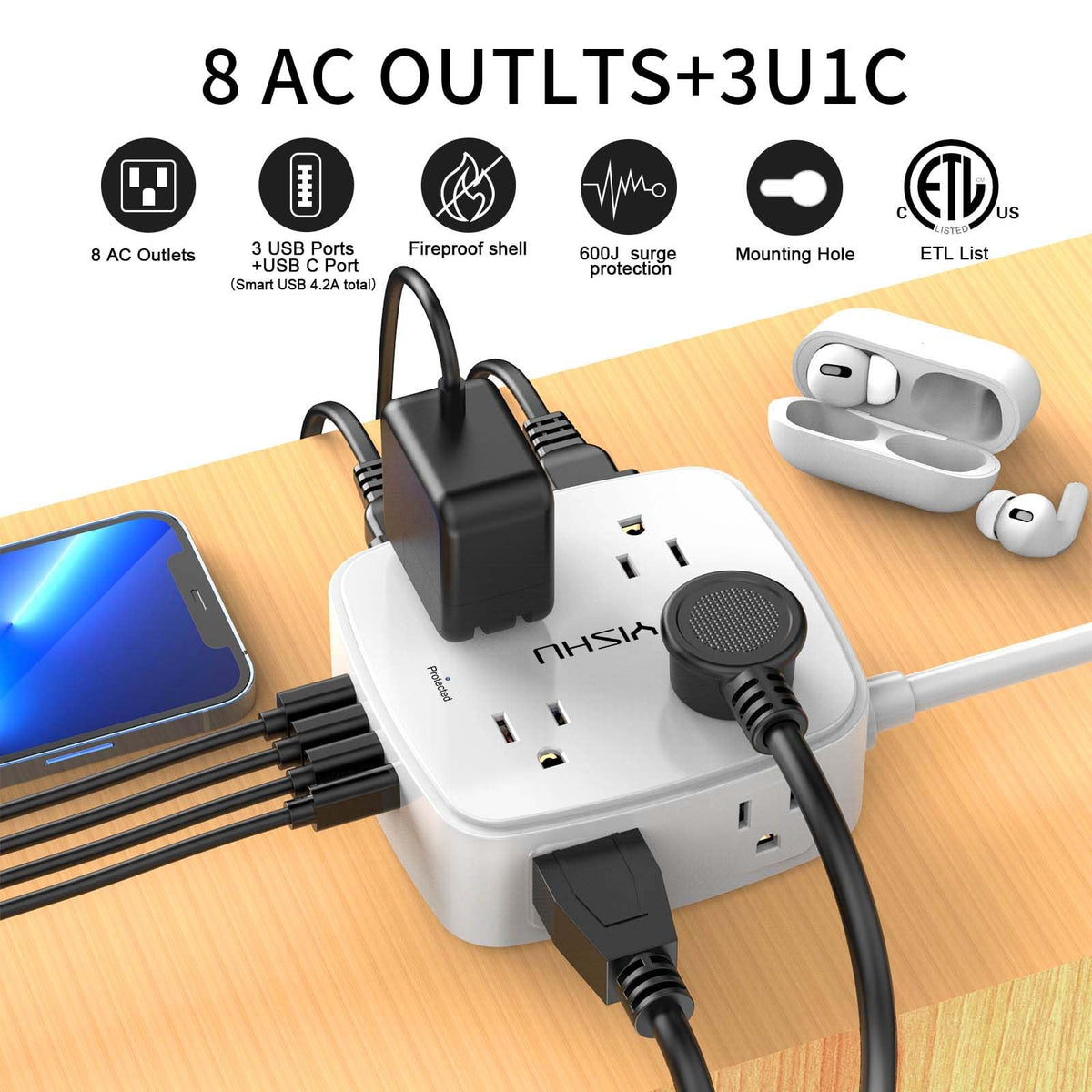 YISHU close-up of three-sided outlets showing wide spacing for bulky adapters