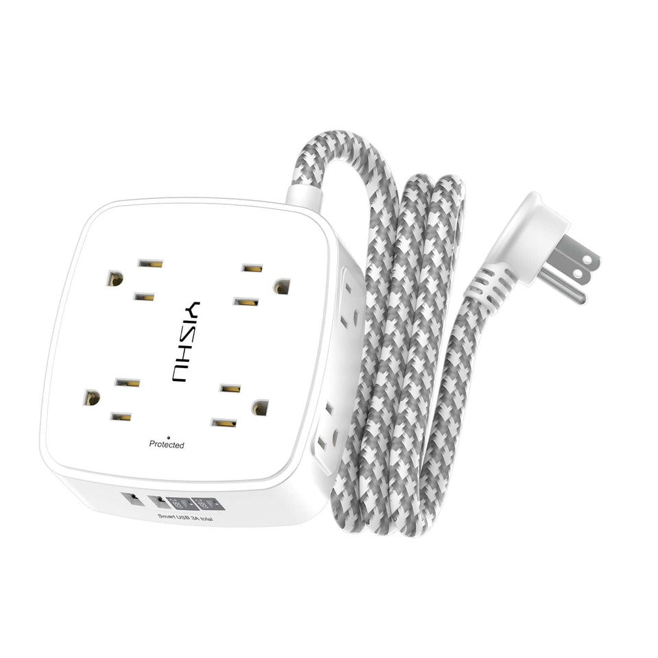 YISHU surge protector with eight outlets and four USB ports for organized device charging.
