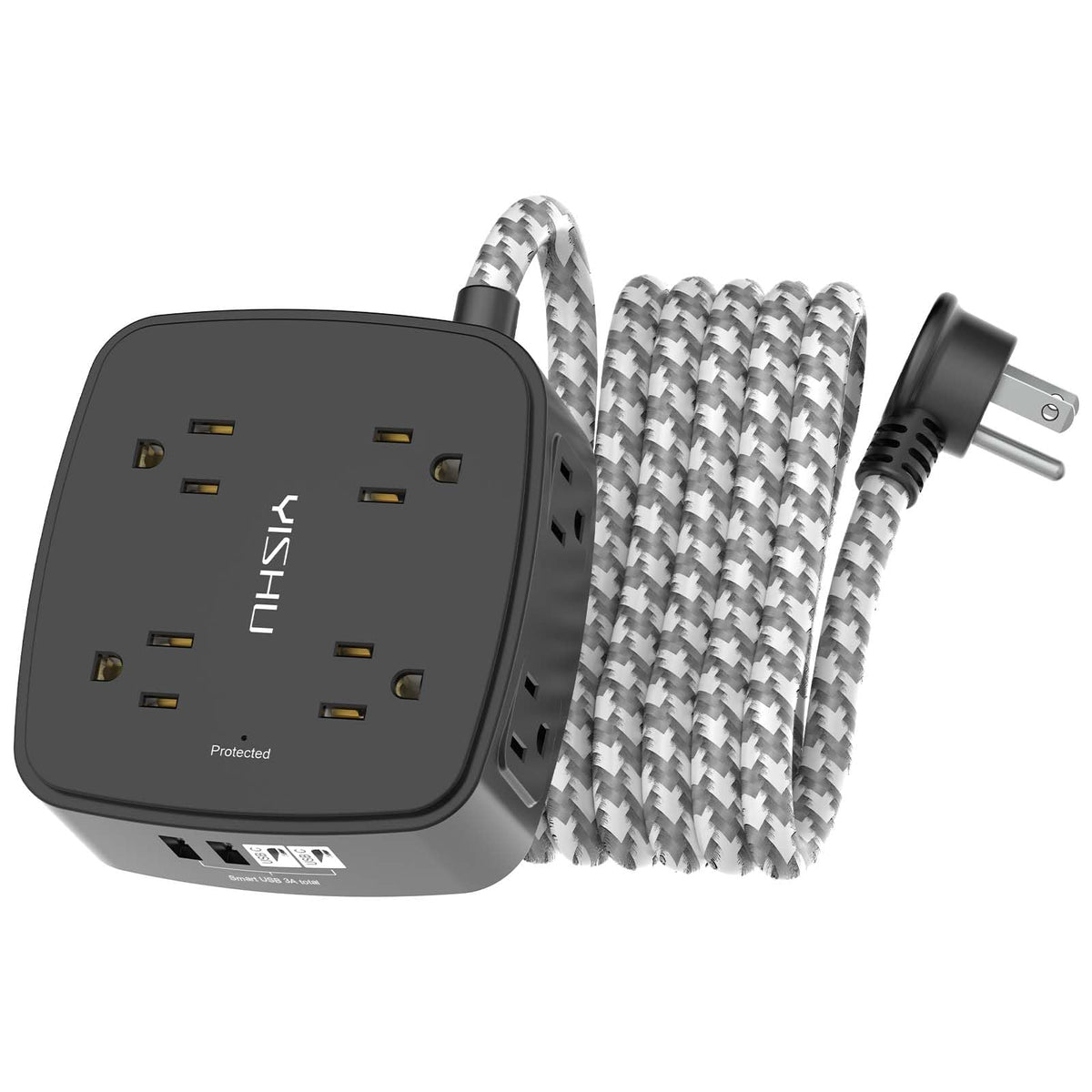 YISHU surge protector with 8 outlets and 4 USB ports for organized charging.