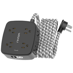 YISHU surge protector with 8 outlets and 4 USB ports for organized charging.