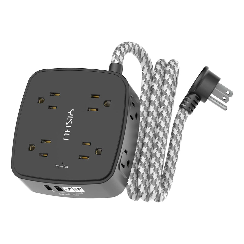 YISHU surge protector showing eight outlets and four USB ports for organized charging.