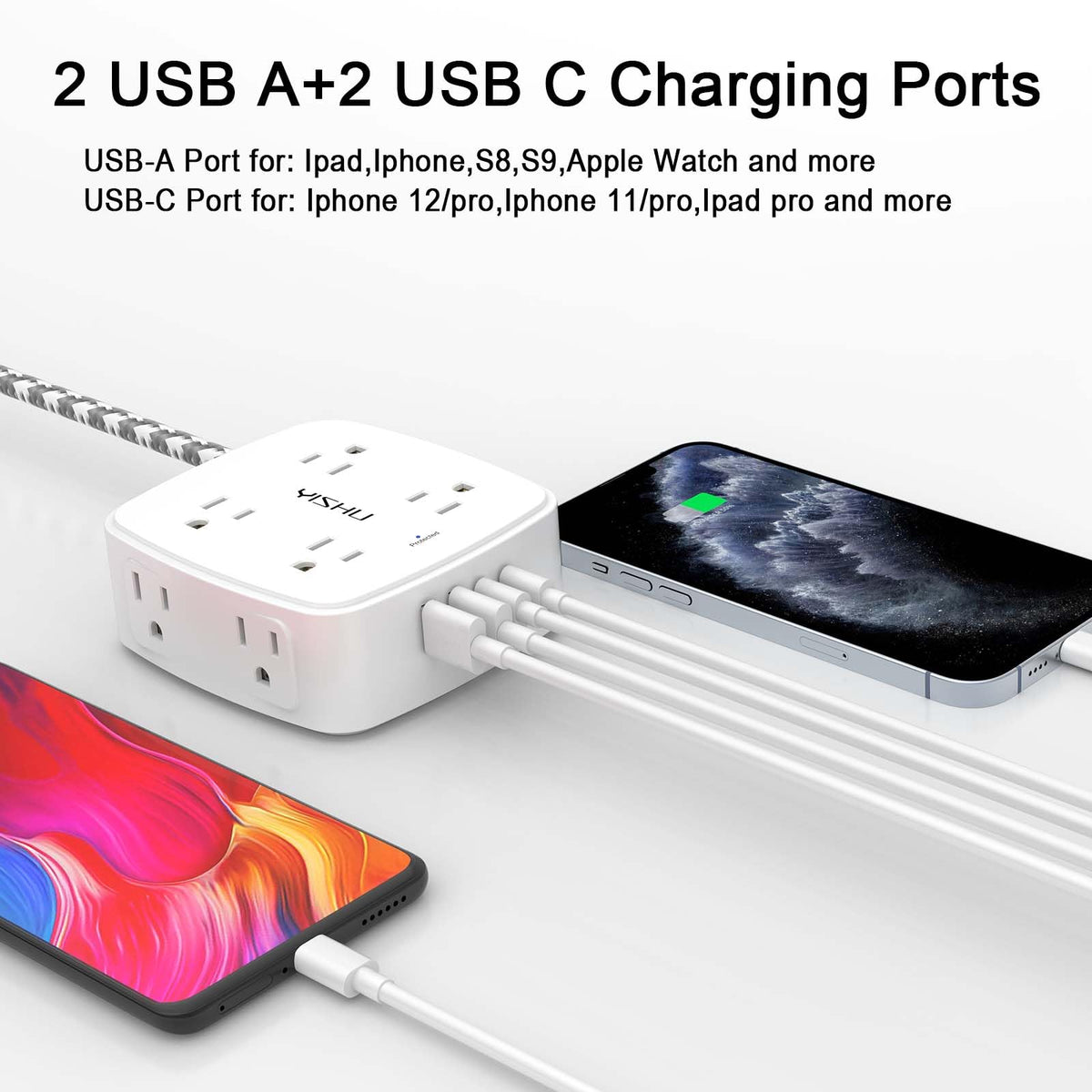 YISHU flat plug design reduces outlet crowding near furniture.