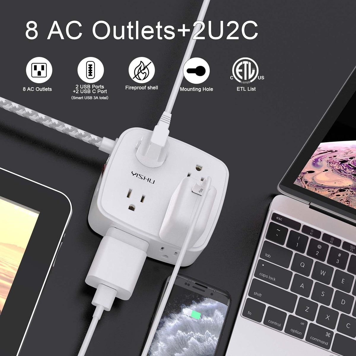 Closeup of USB-C ports on YISHU strip enabling swift charging for compatible devices