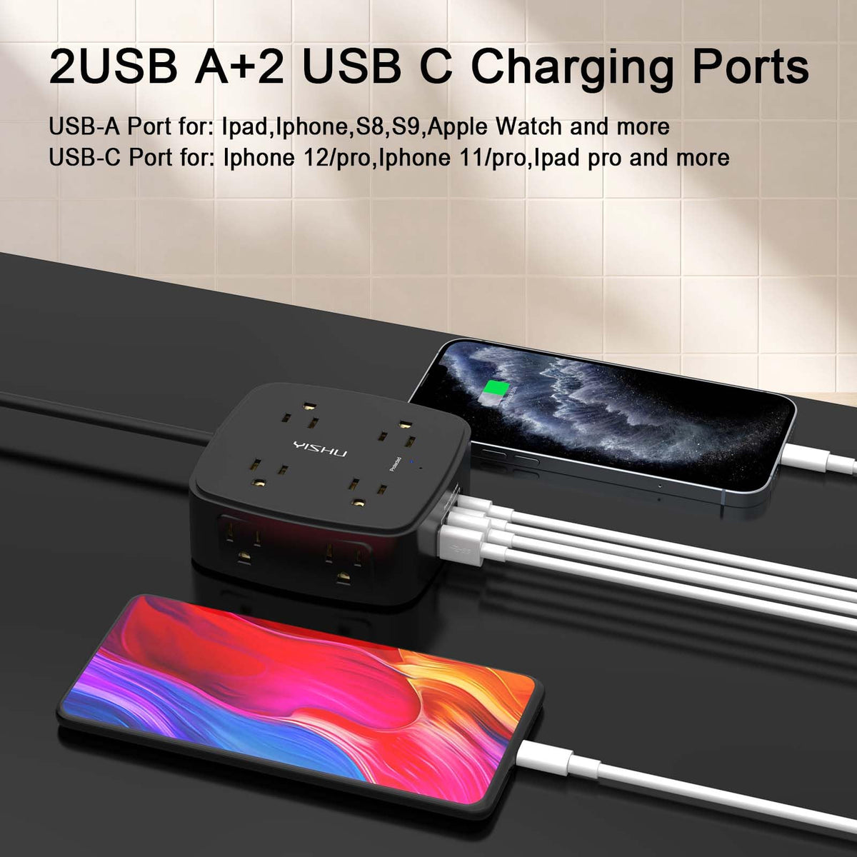 YISHU three-side design illustrating wide outlet spacing for bulky plugs
