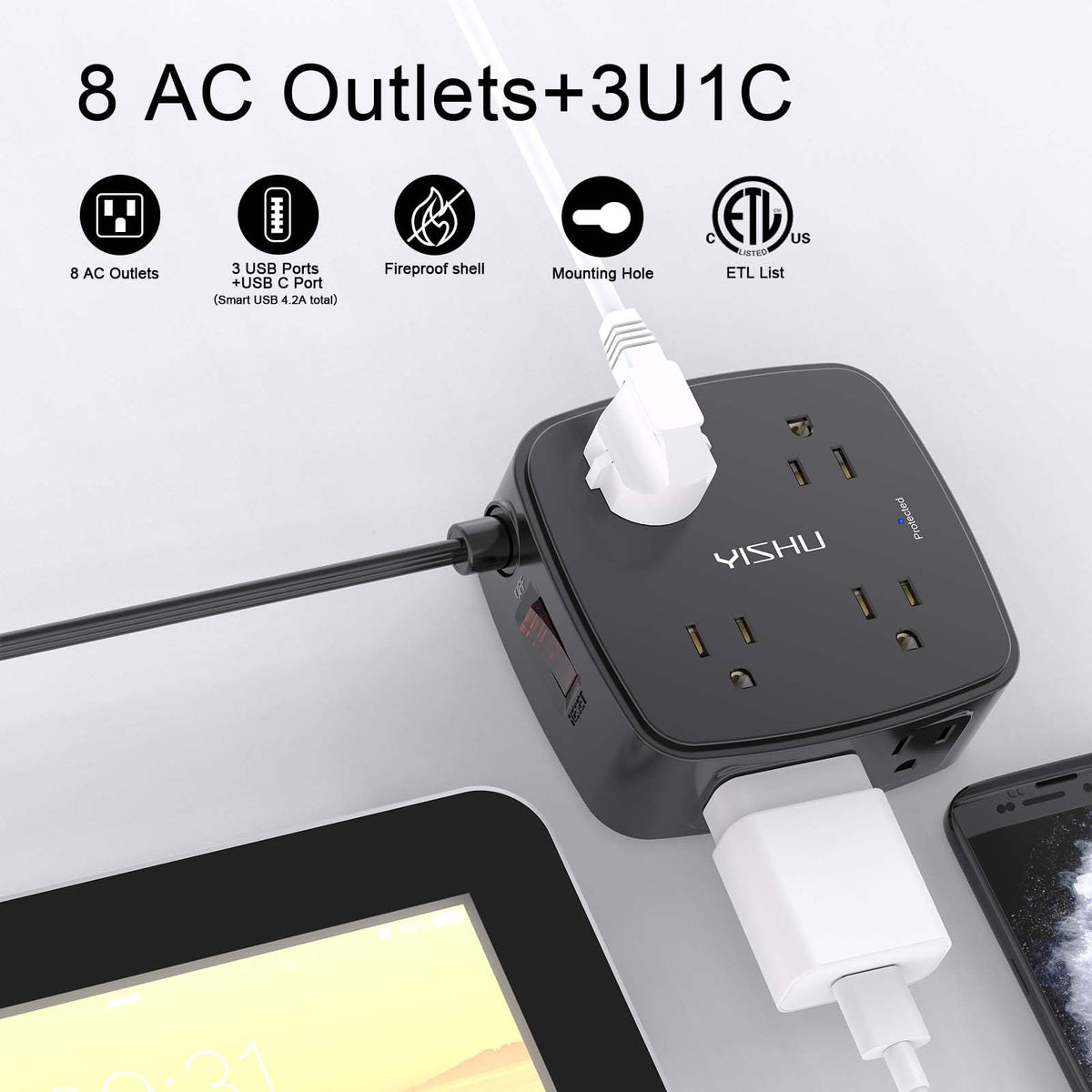 YISHU three-side outlet extended design shown to keep outlets accessible