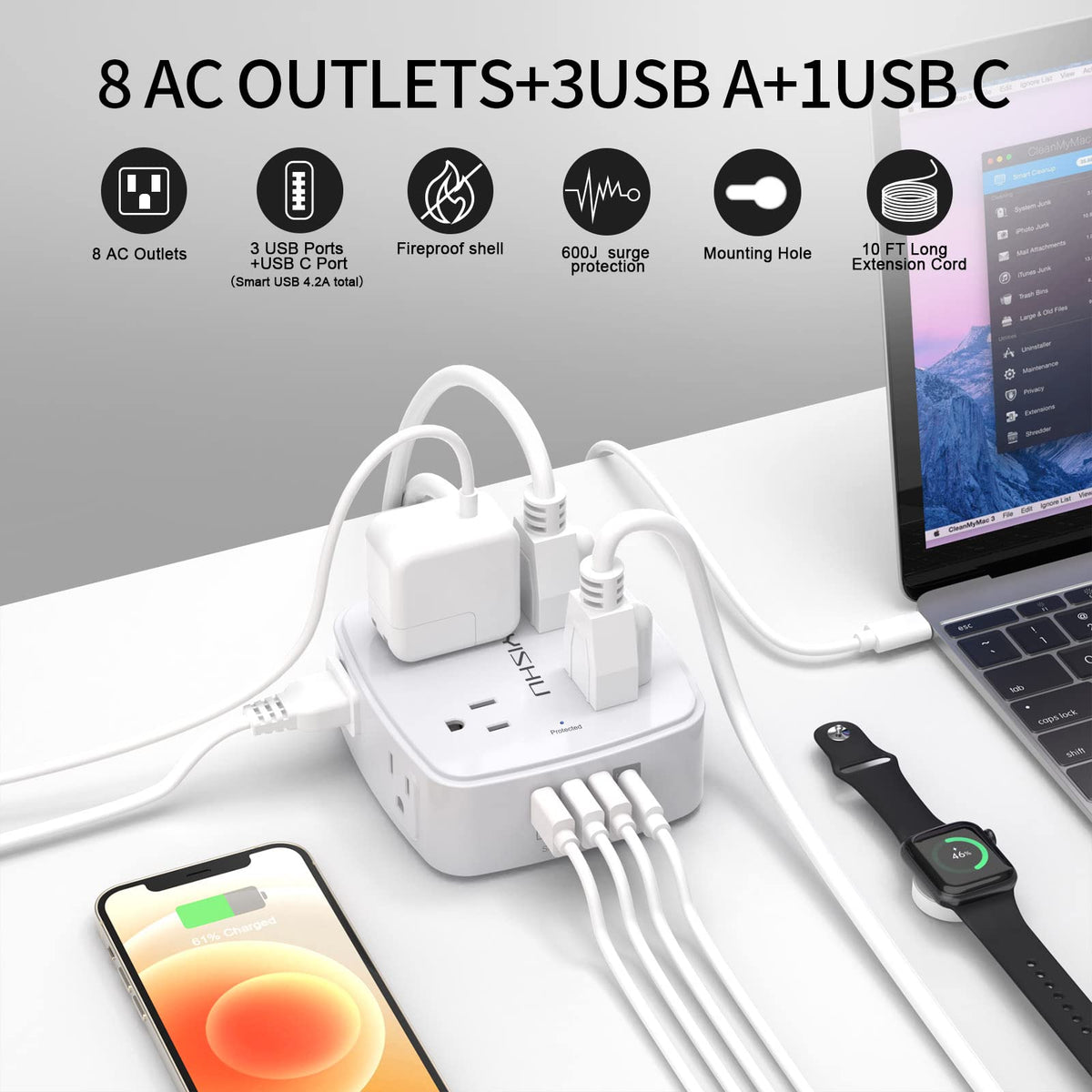 YISHU three-side outlet extender enabling space efficient plug placement