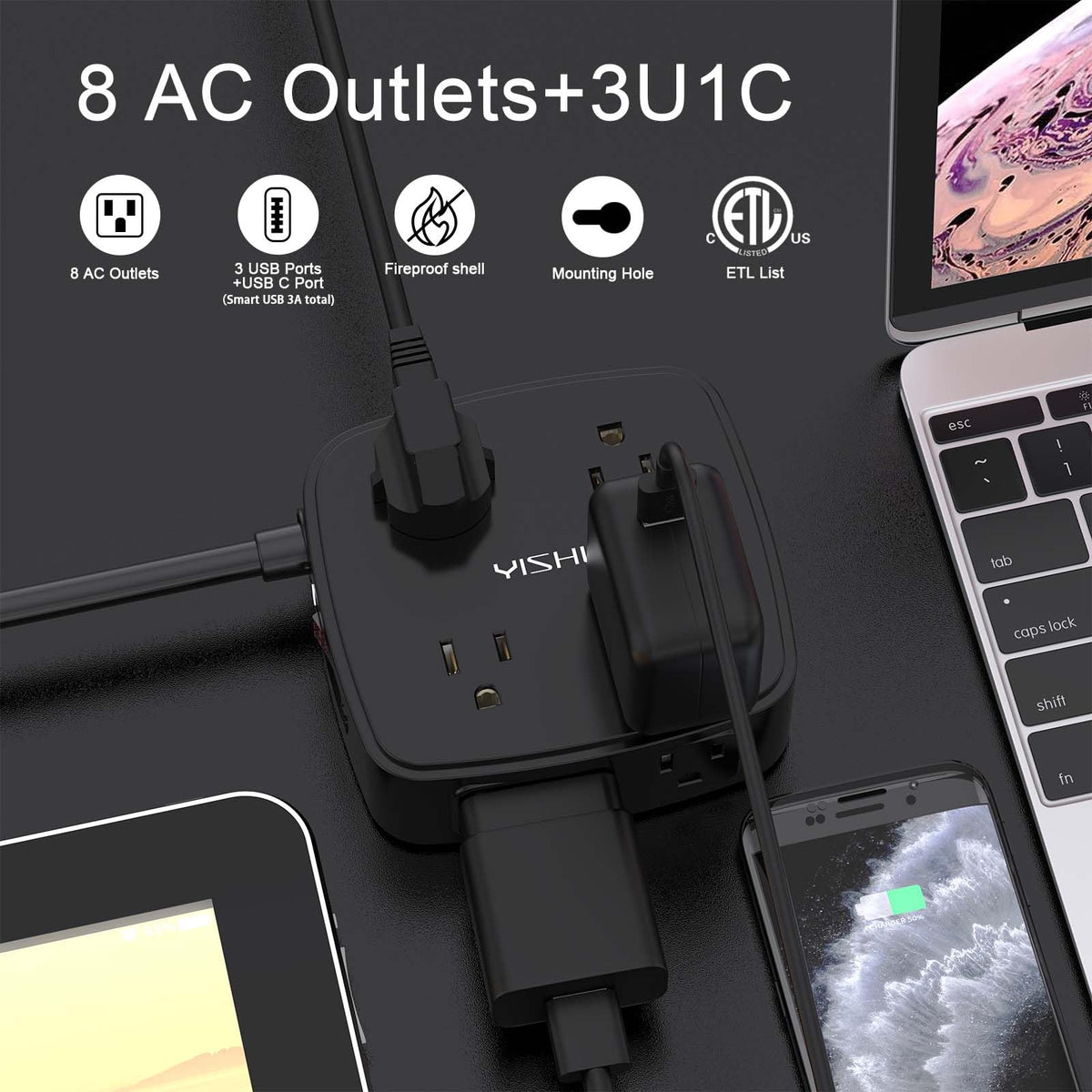 YISHU three-sided outlets closeup highlighting wide spacing to fit large adapters