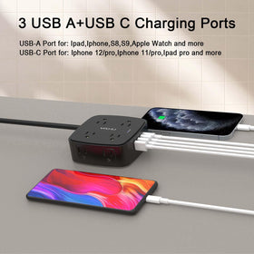 YISHU USB ports and label detail showing USB-A and USB-C charging convenience
