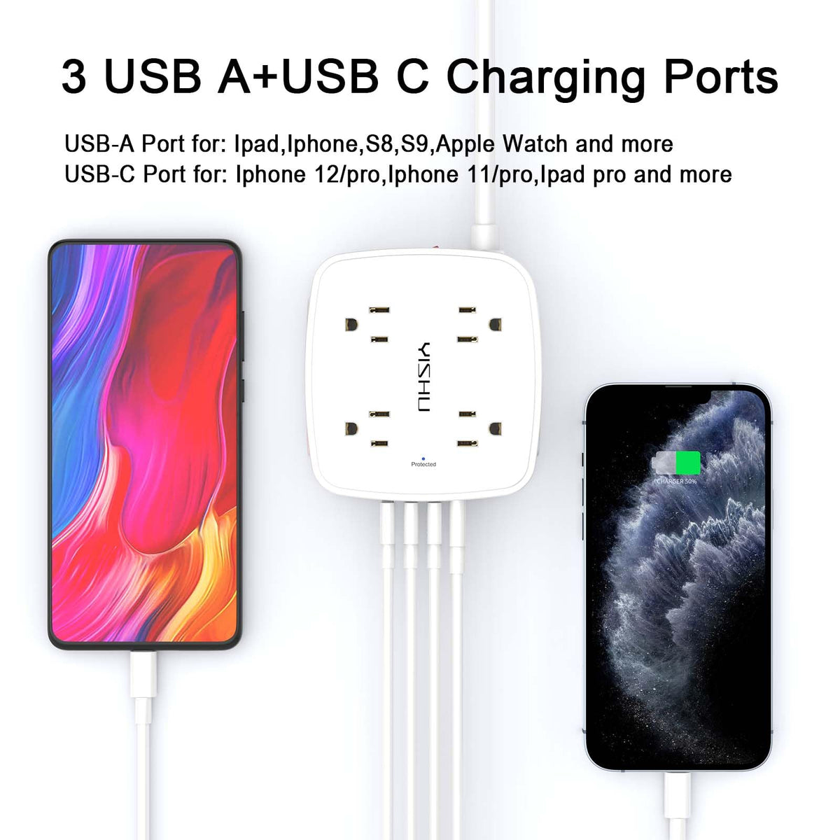 YISHU USB ports detail highlighting USB-A and USB-C for fast charging